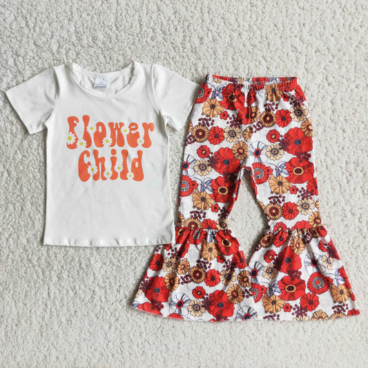 C9-14 Girls Flower Child Outfits Short Sleeves Bell Bottom Pants