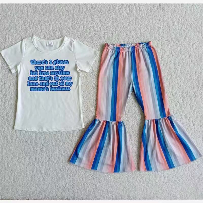 D10-15 Girls Letters Outfits Short Sleeves Stripe Pants