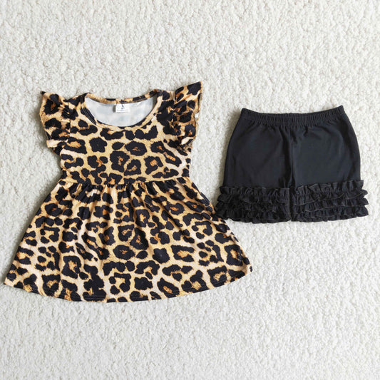 D6-12 Girls leopard Outfits Sleeveless black Shorts