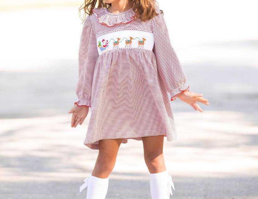 GLD0632 long sleeve Santa and deer girls dress embroidery