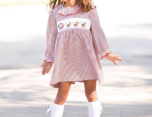 GLD0632 long sleeve Santa and deer girls dress embroidery