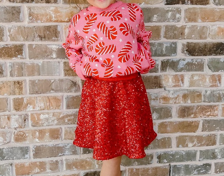 GLD0671 Girls Christmas sweater outfits red sequin skirt