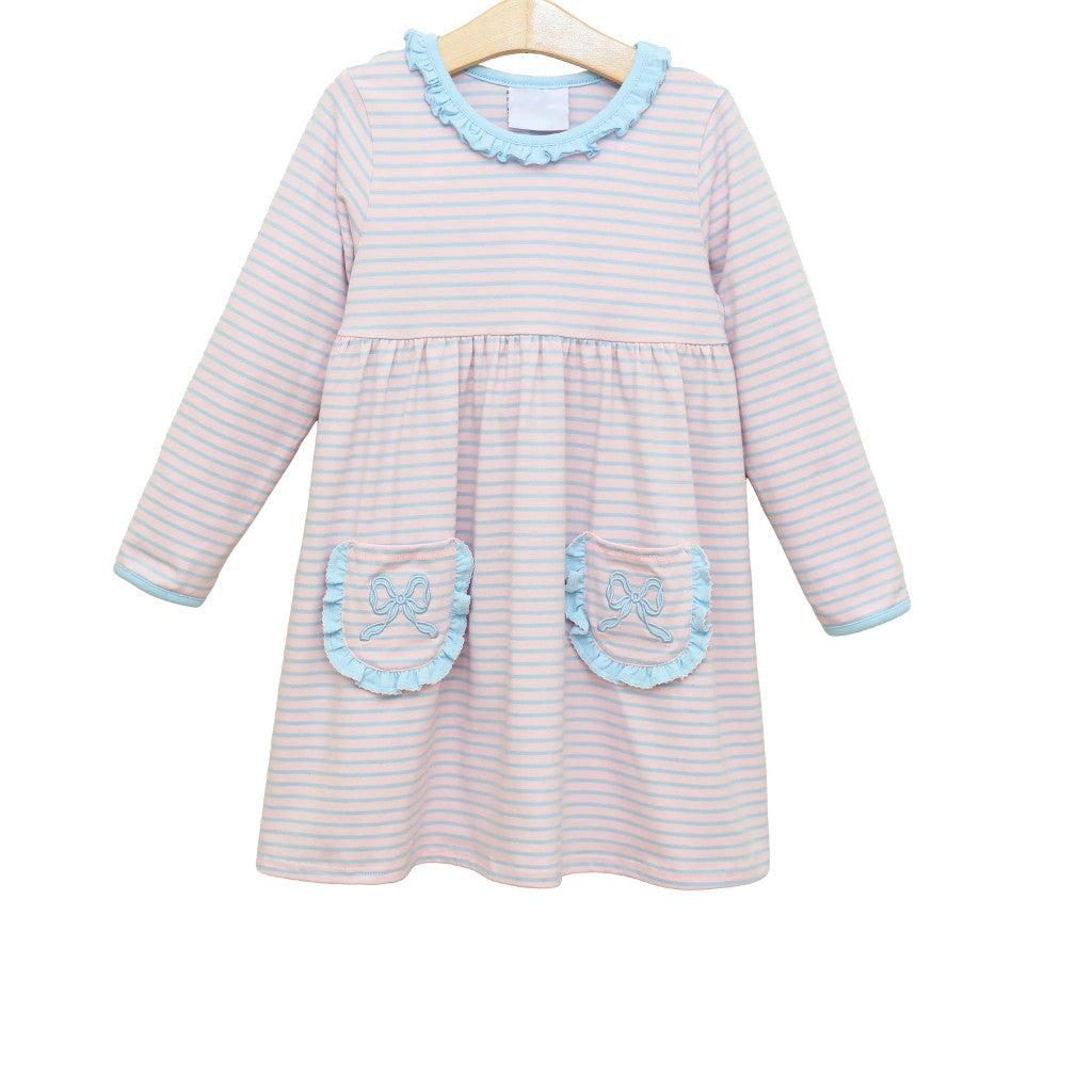 GLD0679 pre order long sleeve bow pink girls dress embroidery