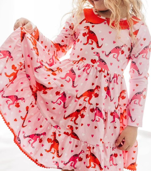 Pre-order GLD0871 baby Girls Valentine dinosaur Dress ( Deadline September 24 )