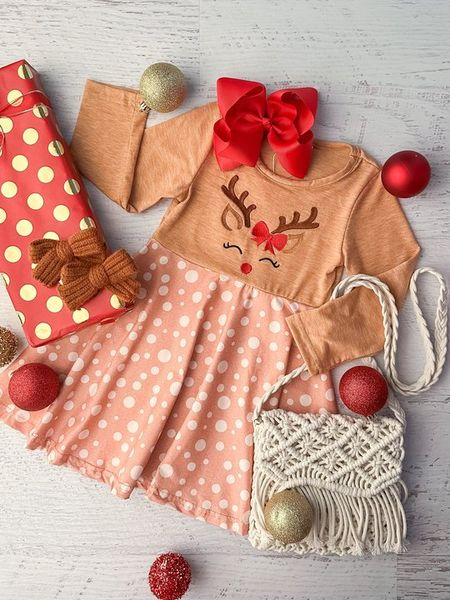 Pre-order GLD0894 baby Girls Christmas deer Dress ( Deadline Sept. 29 )