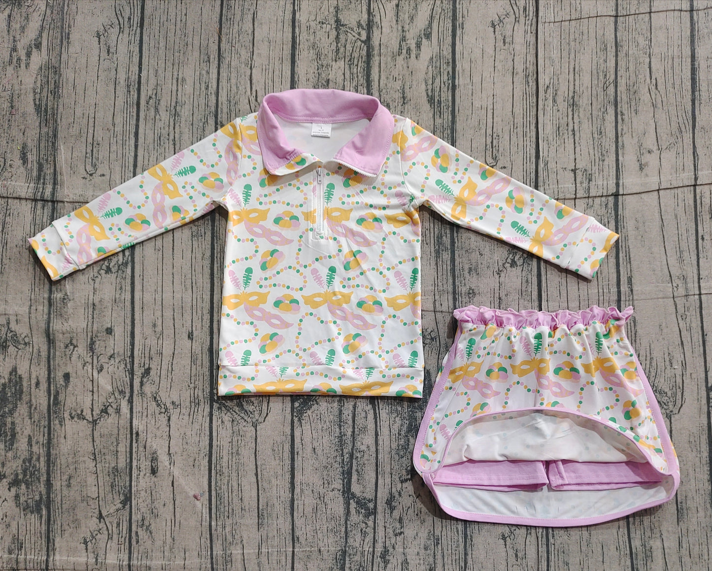 Pre-order GLD1334 baby girls Mardi Gras mask skirt zip long sleeve Outfits