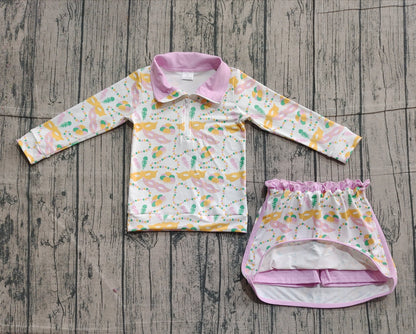 Pre-order GLD1334 baby girls Mardi Gras mask skirt zip long sleeve Outfits