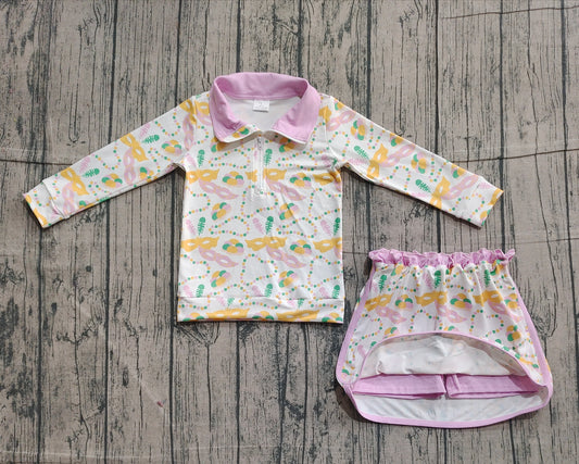 Pre-order GLD1334 baby girls Mardi Gras mask skirt zip long sleeve Outfits