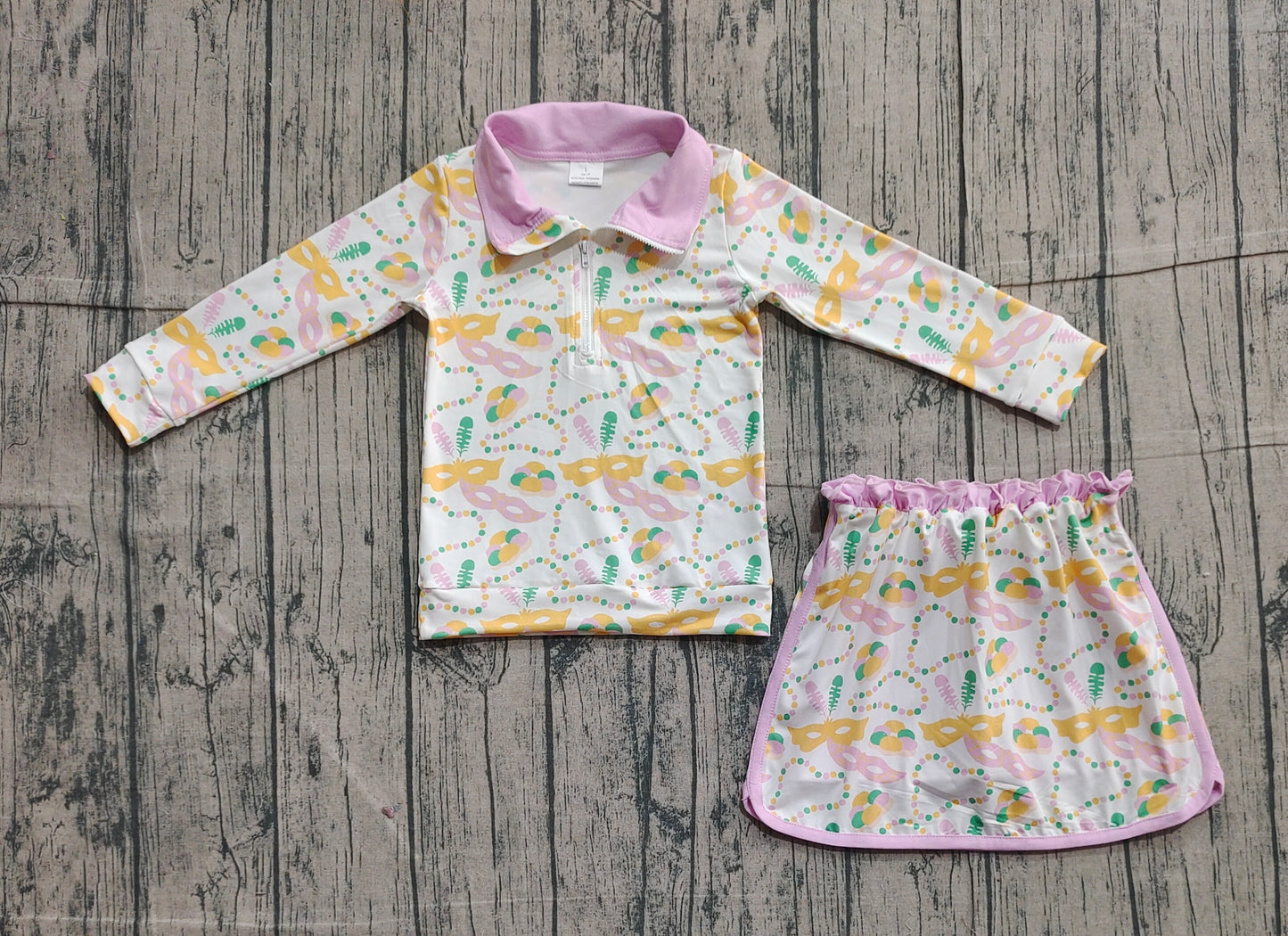 Pre-order GLD1334 baby girls Mardi Gras mask skirt zip long sleeve Outfits