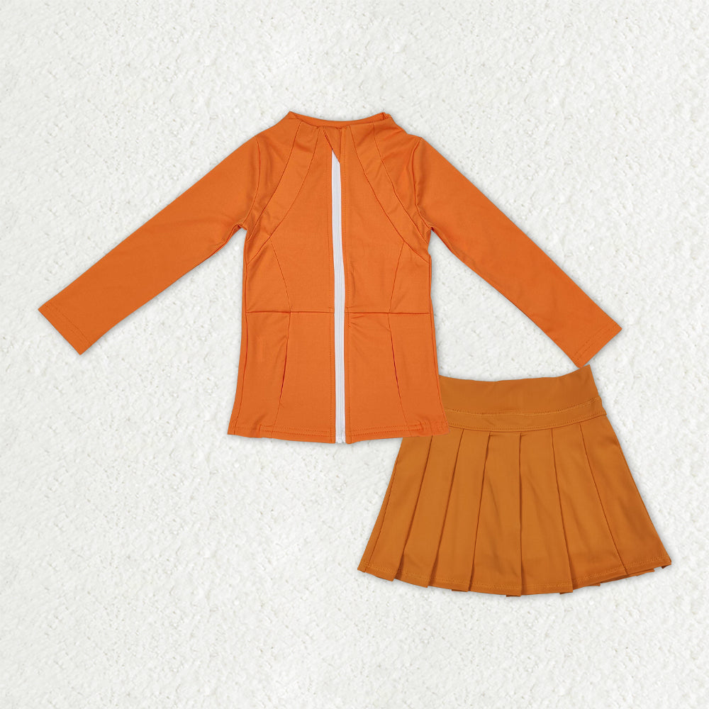 GLD1382 Baby girls orange zipper top skirt outfits yoga