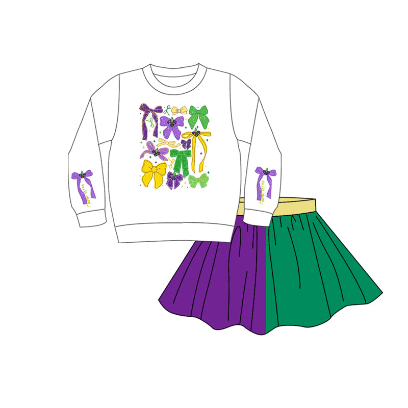 10.13 Pre-order GLD1386 toddler girls Mardi Gras bow long sleeve skirt outfits