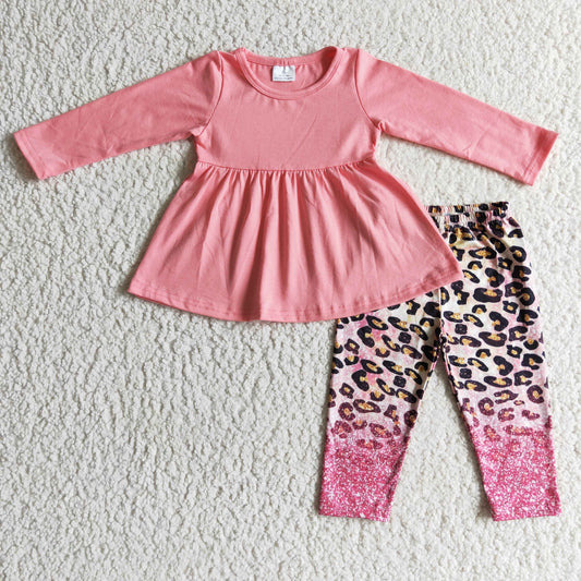 GLP0108 Girls pink Outfits Long Sleeves Leopard Leggings