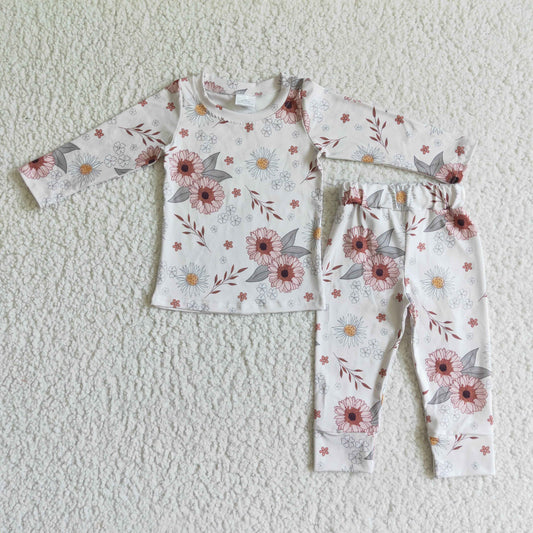 GLP0198 Girls flower white Pajamas Long Sleeves