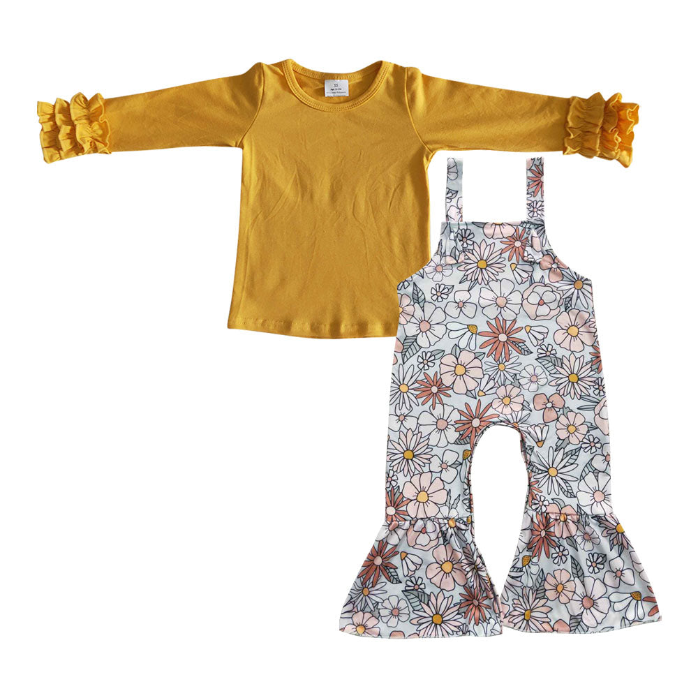 Girls Yellow Outfits Long Sleeves Floral Overalls