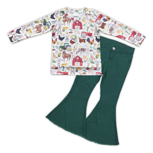 Girls Farm Outfits Long Sleeves Green Jeans