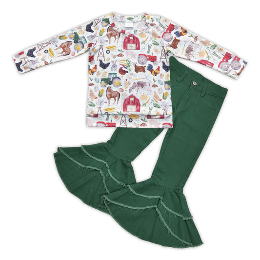 Girls Farm Outfits Long Sleeves Green Jeans