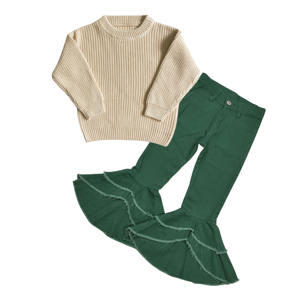 Girls Sweater Outfits Long Sleeves Green Jeans