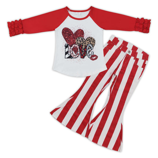 Girls Valentine Love Outfits Long Sleeves Red Stripe Jeans