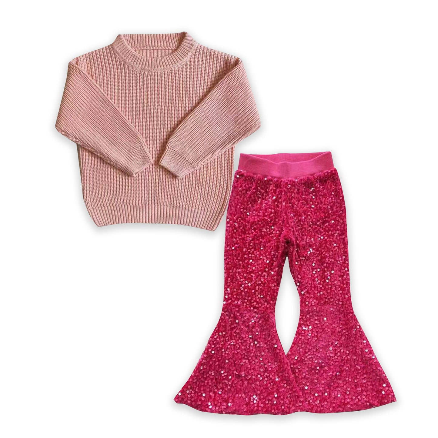 Girls Pink Sweater Outfits Long Sleeves Sequin Pants