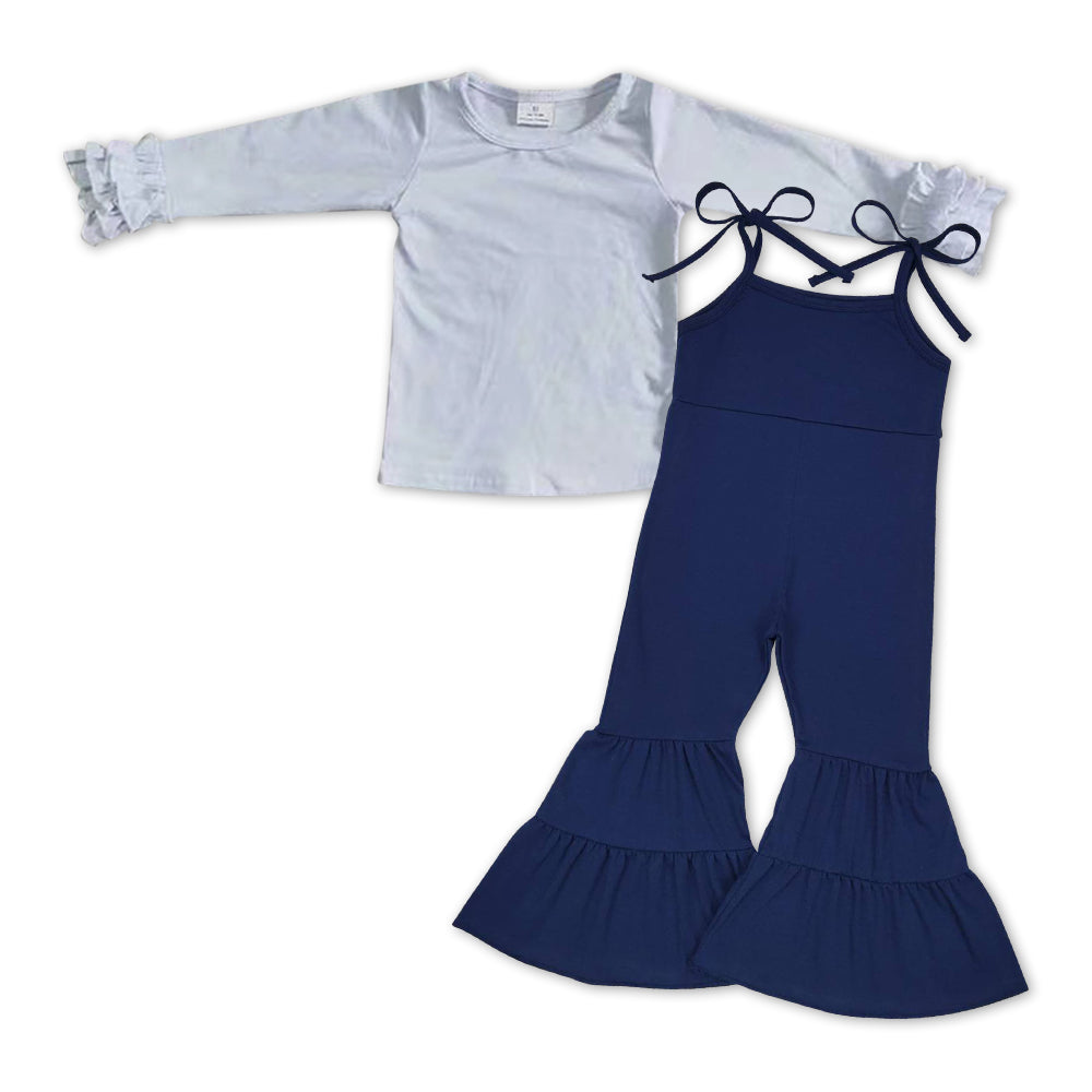 Girls White Outfits Long Sleeves Navy Overalls