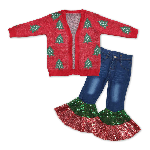Girls Christmas Sweater Outfits Long Sleeves Blue Jeans