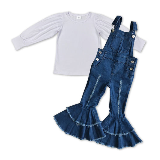 Girls White Outfits Blue Overall Jeans