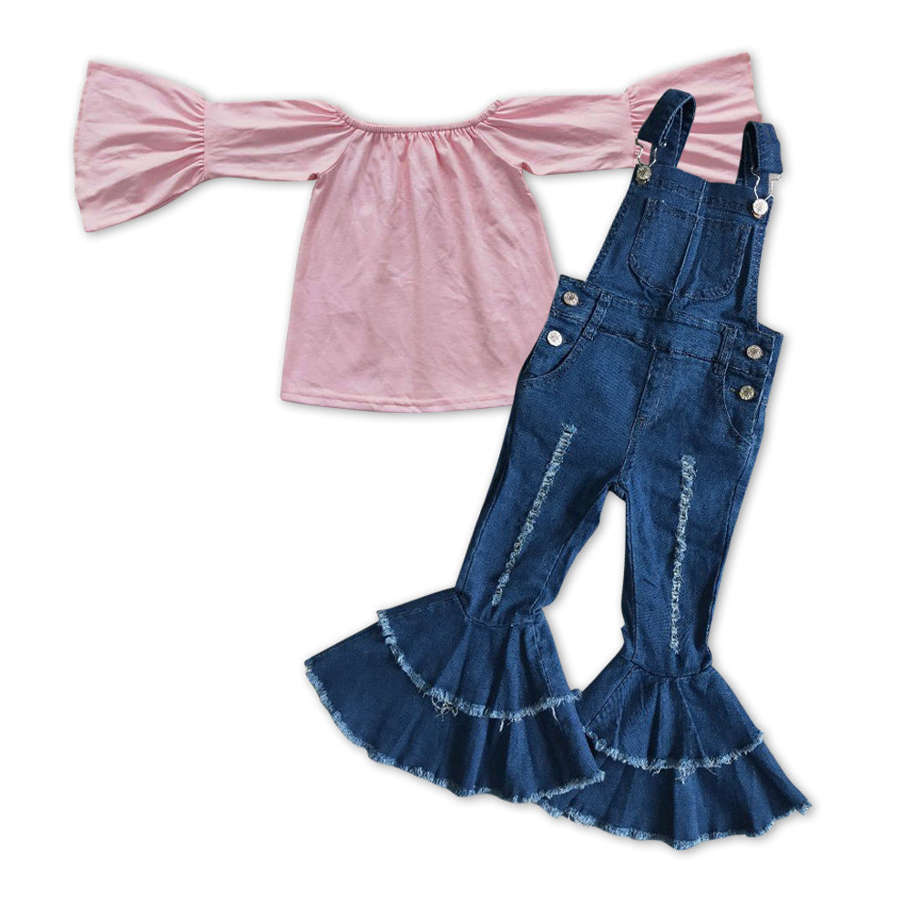 Girls Pink Outfits Blue Overall Jeans