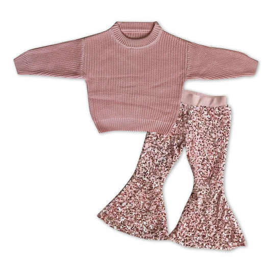 Girls Pink Sweater Outfits Long Sleeves Sequin Pants