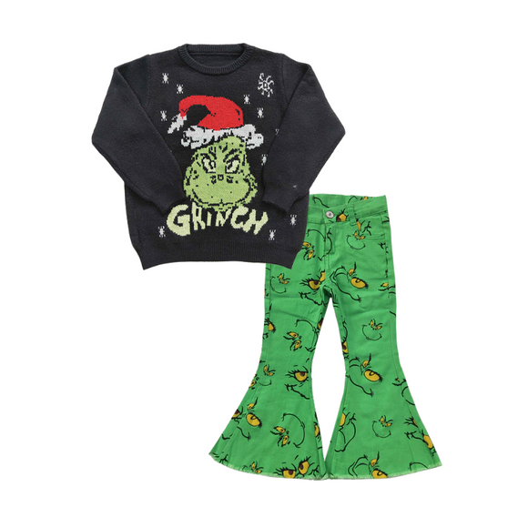 Girls Christmas Sweater Outfits Long Sleeves Green Jeans