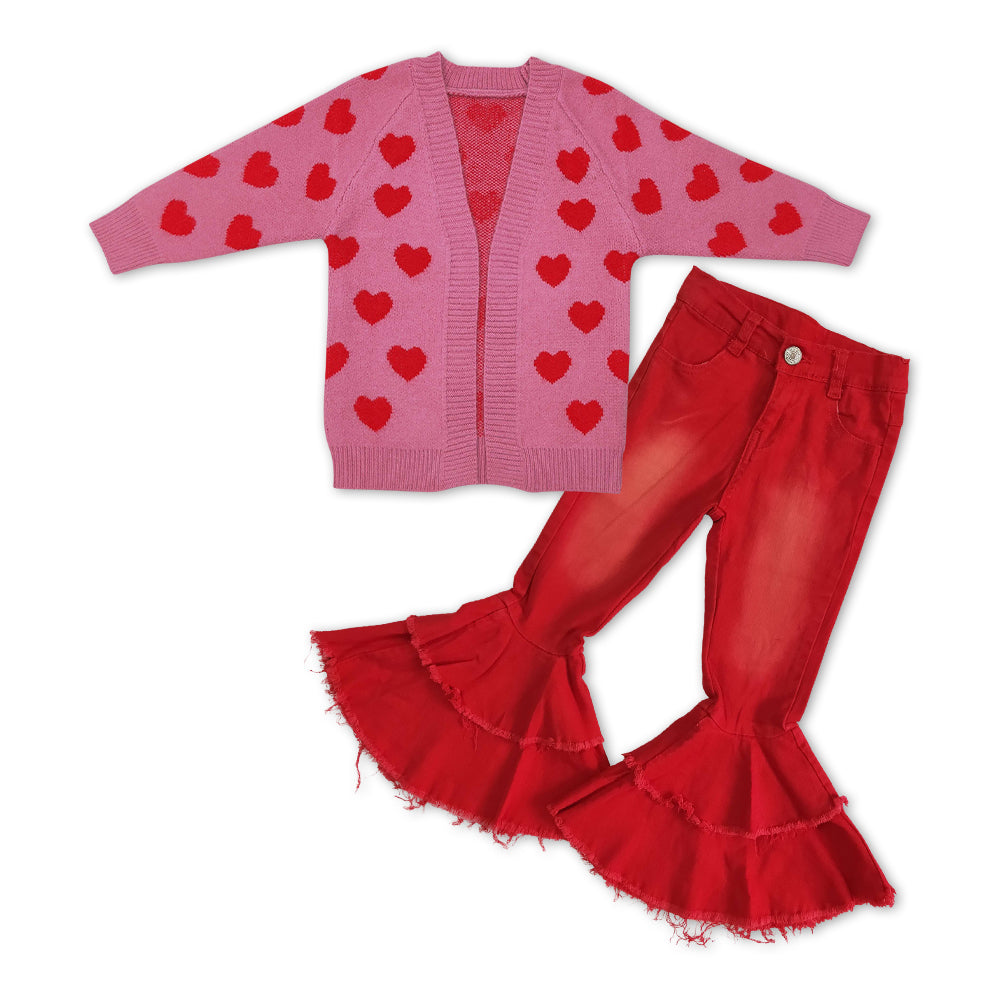 Girls Valentine Sweater Outfits Long Sleeves Red Jeans