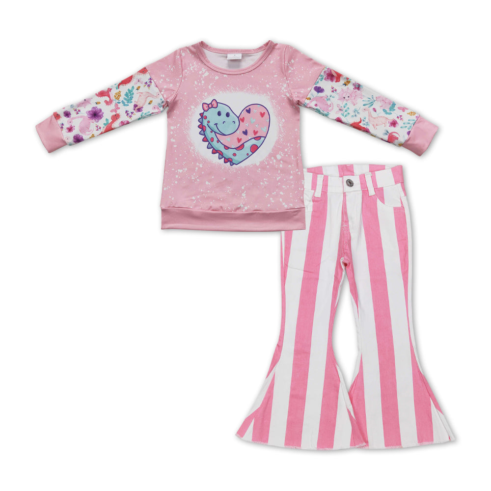 Girls Valentine Dinosaur Outfits long Sleeves Pink Stripe Jeans