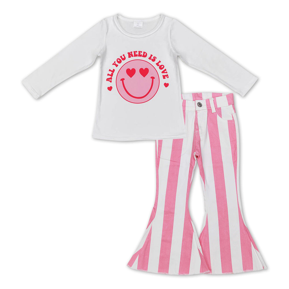 Girls Valentine Love Outfits Long Sleeves Pink Stripe Jeans