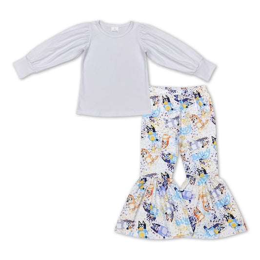 Girls White Top Cartoon Dog Outfits