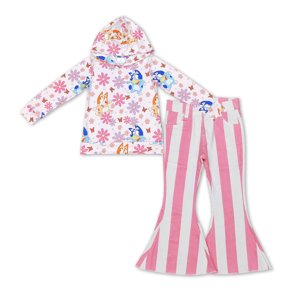 Girls Cartoon Outfits Long Sleeves Pink Stripe Jeans