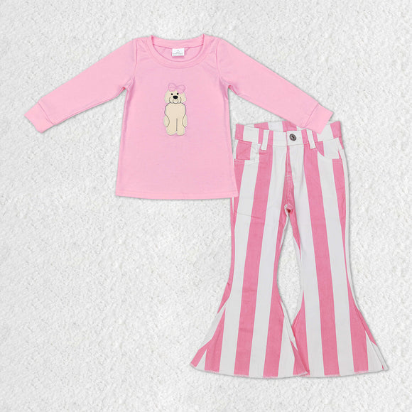 Girls Dog Outfits Long Sleeves Pink Stripe Jeans