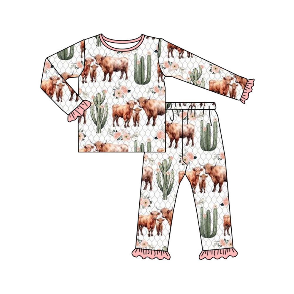 Pre-order GLP1634 baby girls long sleeve cow cactus pajamas ( Deadline August 12 )