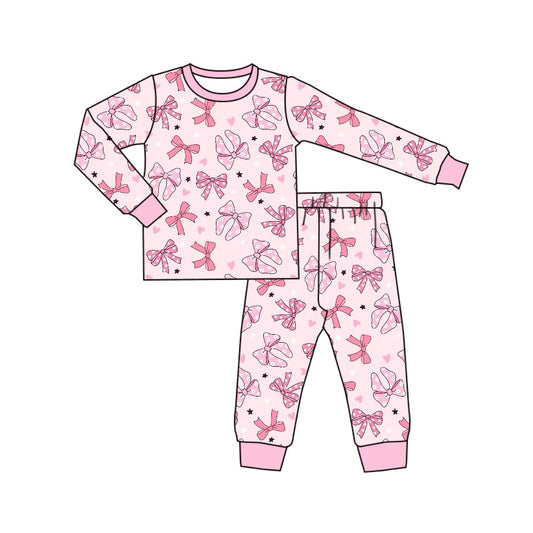 Pre-order GLP1710 baby girls long sleeve pink bows pajamas ( Deadline August 20 )