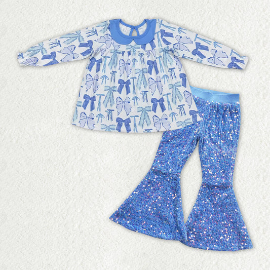 GLP1718 Girls blue bows Outfits Sequined Pants