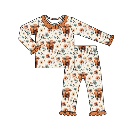 Pre-order GLP1725 baby girls long sleeve cow floral pajamas ( Deadline August 22 )