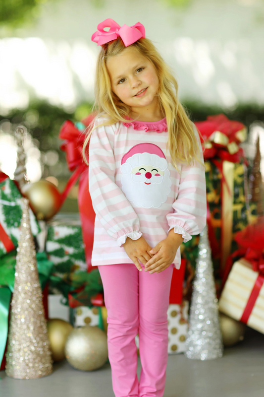 GLP1739 baby girls long sleeve pink santa pajamas embroidery