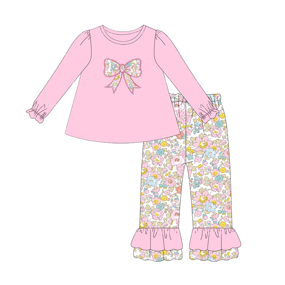 Pre-order GLP1836 baby girls long sleeves floral bow outfits embroidery