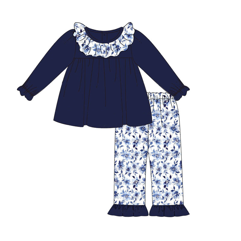 Pre-order GLP1870 baby girls long sleeves navy floral outfits ( Deadline September 18 )