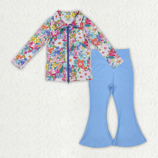 GLP2895 Baby girls flower top blue pant outfits yoga