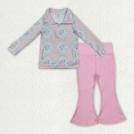 GLP2898 Baby girls checkered zipper top pink pant outfits yoga