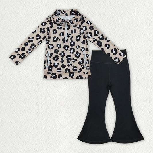 GLP2900 Baby girls black leopard zipper top pant outfits yoga