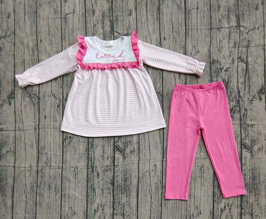 Pre-order GLP2916 baby girls Valentine's Day pink stripe long sleeve outfits embroidery