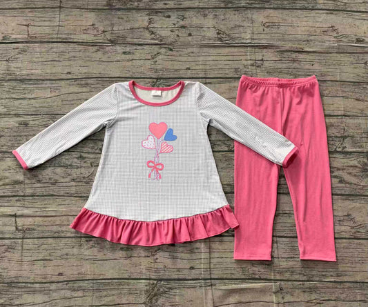 Pre-order GLP2929 baby girls Valentine's love heart blue checkered long sleeve outfits embroidery