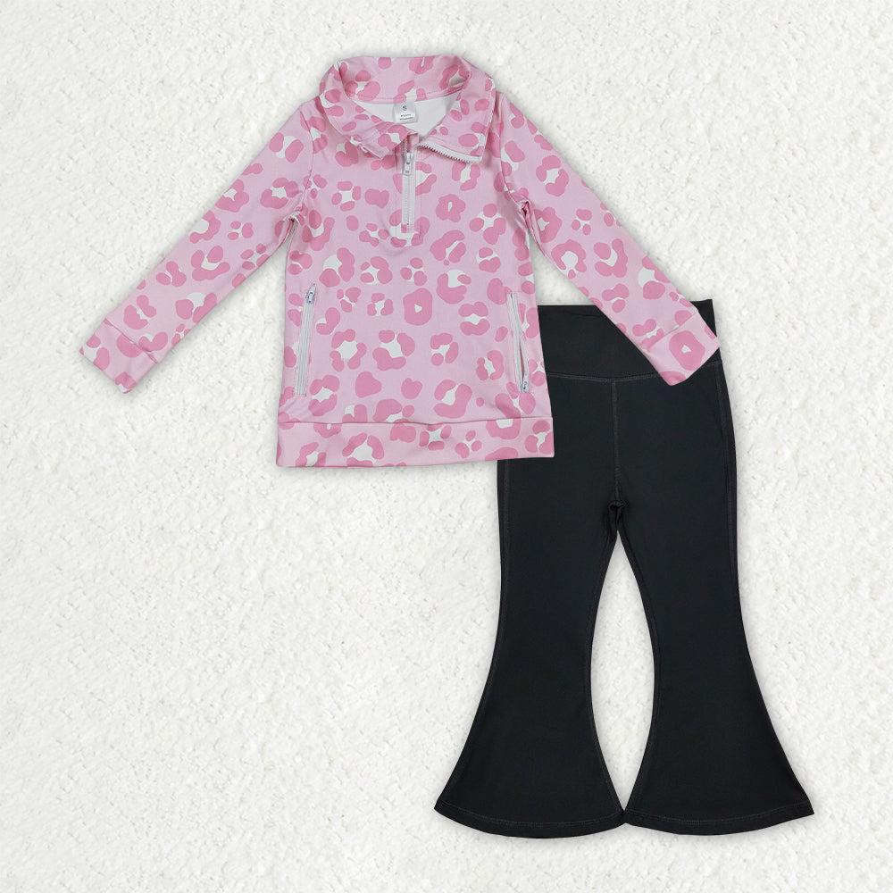 GLP2943 Baby girls pink leopard zipper top black pant outfits yoga