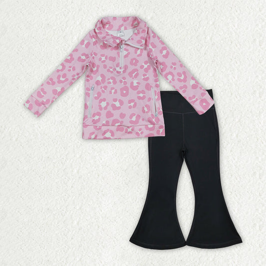 GLP2943 Baby girls pink leopard zipper top black pant outfits yoga
