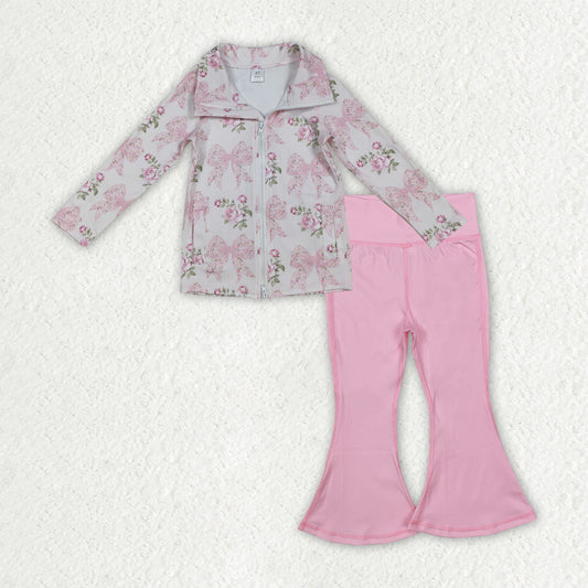 GLP2967 Baby girls pink flower bow zipper top long pant outfits yoga
